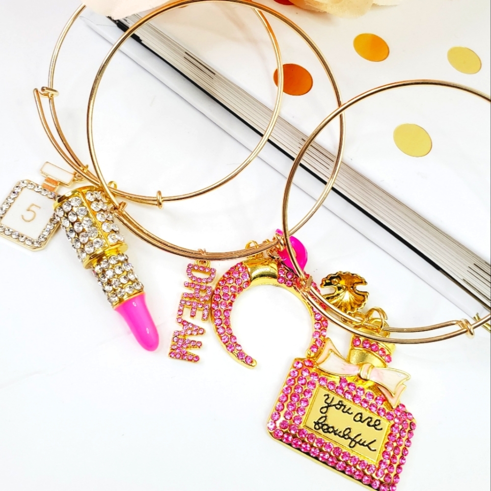 New Pink and gold Charm Bangle bracelet handmade